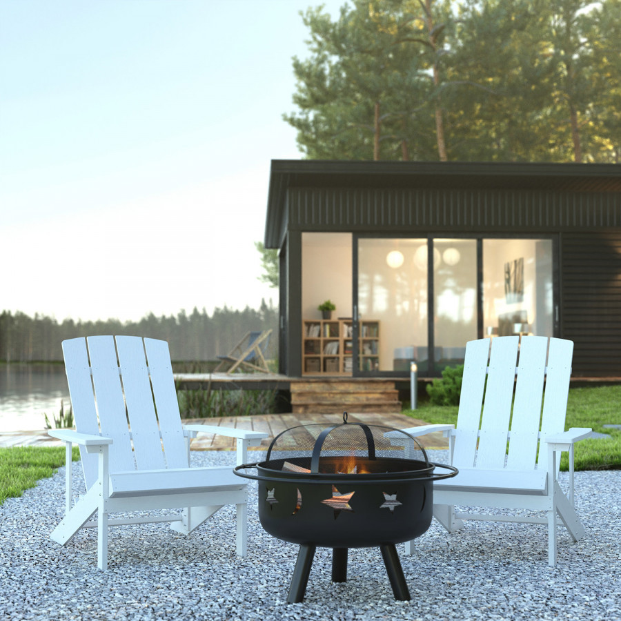 BLNK Charlestown Commercial Poly Resin Wood Adirondack Chair Set with Star and Moon Firepit with Mesh Cover 3 Piece - White