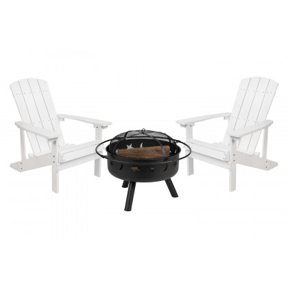 BLNK Charlestown Commercial Poly Resin Wood Adirondack Chair Set with Star and Moon Firepit with Mesh Cover 3 Piece - White