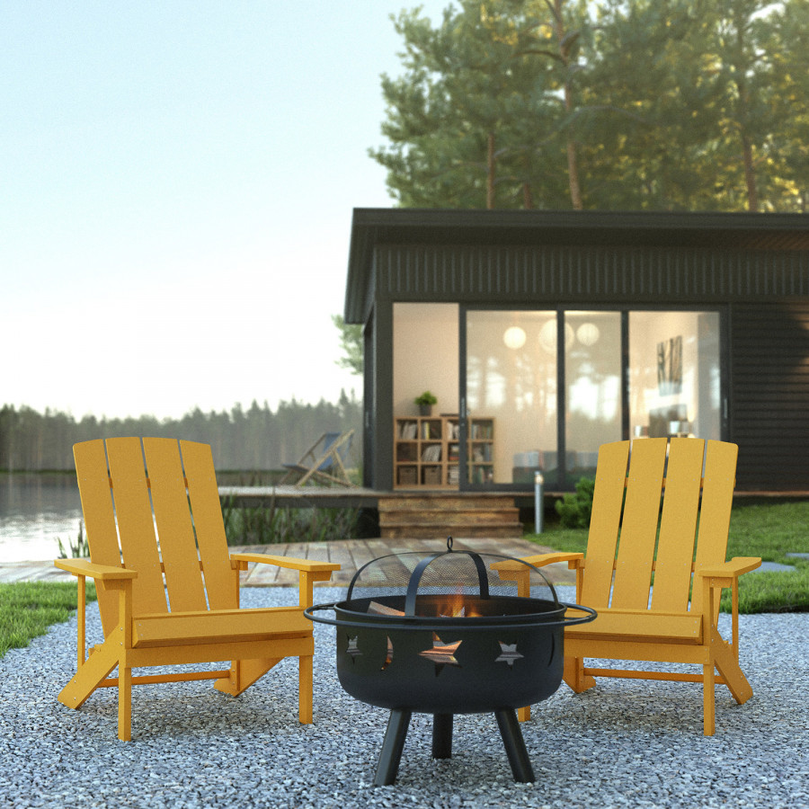 BLNK Charlestown Commercial Poly Resin Wood Adirondack Chair Set with Star and Moon Firepit with Mesh Cover 3 Piece - Yellow