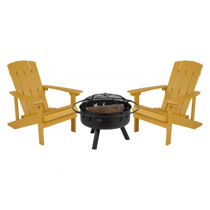 BLNK Charlestown Commercial Poly Resin Wood Adirondack Chair Set with Star and Moon Firepit with Mesh Cover 3 Piece - Yellow