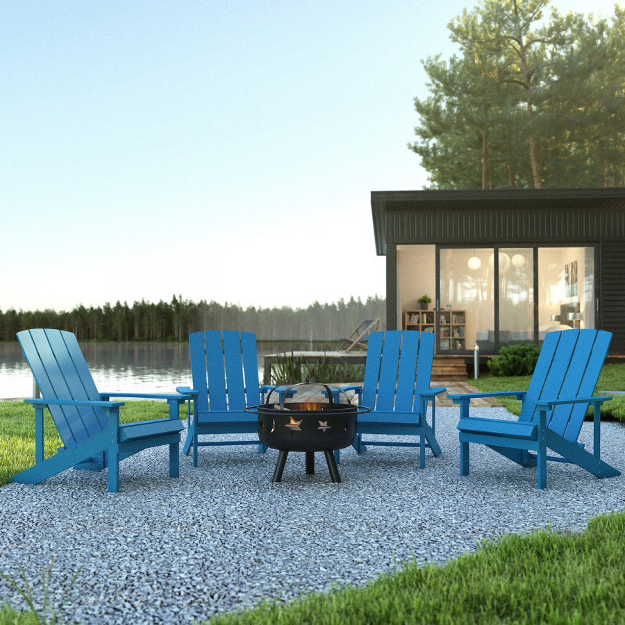 BLNK Charlestown Commercial Poly Resin Wood Adirondack Chair Set with Star and Moon Firepit with Mesh Cover 5 Piece - Blue