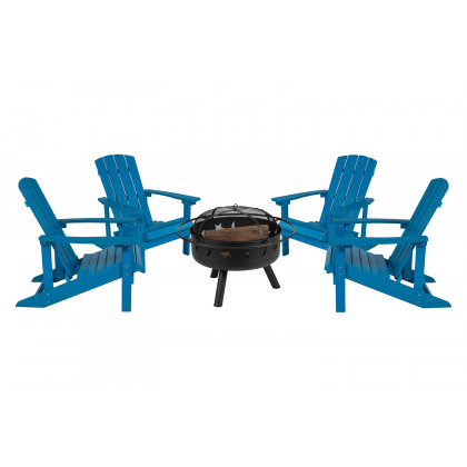 BLNK Charlestown Commercial Poly Resin Wood Adirondack Chair Set with Star and Moon Firepit with Mesh Cover 5 Piece - Blue