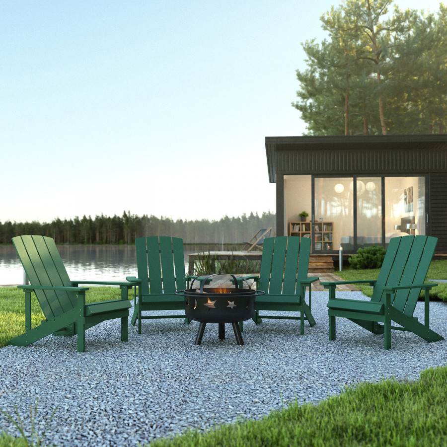 BLNK Charlestown Commercial Poly Resin Wood Adirondack Chair Set with Star and Moon Firepit with Mesh Cover 5 Piece - Green
