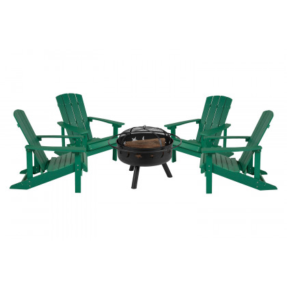 BLNK Charlestown Commercial Poly Resin Wood Adirondack Chair Set with Star and Moon Firepit with Mesh Cover 5 Piece - Green