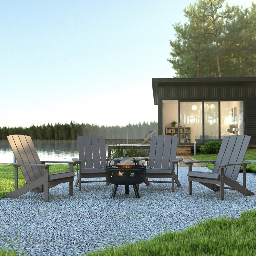 BLNK Charlestown Commercial Poly Resin Wood Adirondack Chair Set with Star and Moon Firepit with Mesh Cover 5 Piece - Gray