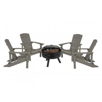 BLNK Charlestown Commercial Poly Resin Wood Adirondack Chair Set with Star and Moon Firepit with Mesh Cover 5 Piece - Gray