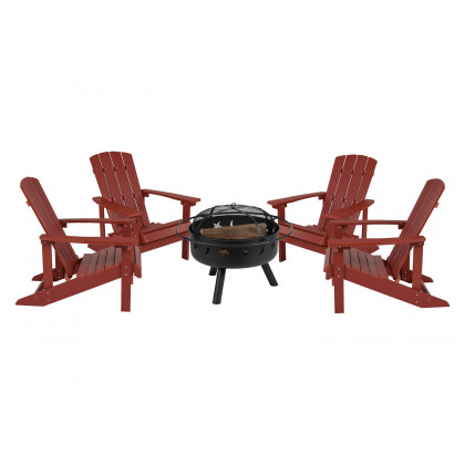 BLNK Charlestown Commercial Poly Resin Wood Adirondack Chair Set with Star and Moon Firepit with Mesh Cover 5 Piece - Red