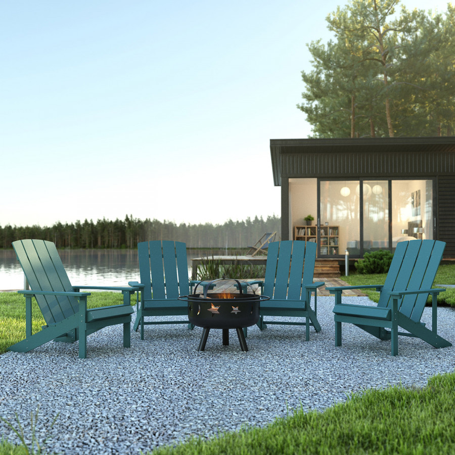 BLNK Charlestown Commercial Poly Resin Wood Adirondack Chair Set with Star and Moon Firepit with Mesh Cover 5 Piece - Sea Foam