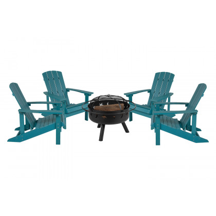 BLNK Charlestown Commercial Poly Resin Wood Adirondack Chair Set with Star and Moon Firepit with Mesh Cover 5 Piece - Sea Foam