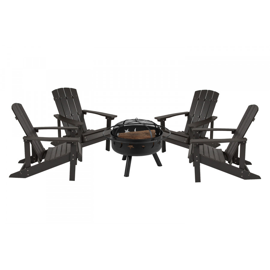 BLNK Charlestown Commercial Poly Resin Wood Adirondack Chair Set with Star and Moon Firepit with Mesh Cover 5 Piece - Slate Gray