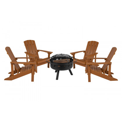 BLNK Charlestown Commercial Poly Resin Wood Adirondack Chair Set with Star and Moon Firepit with Mesh Cover 5 Piece - Teak