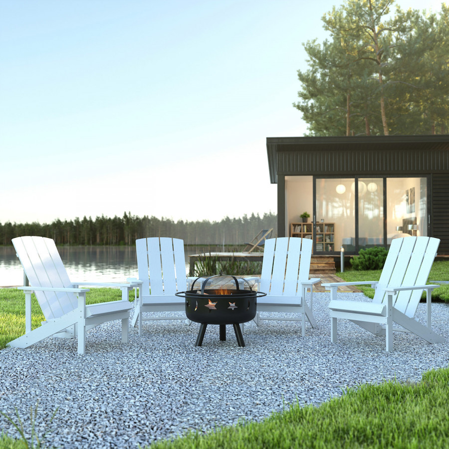 BLNK Charlestown Commercial Poly Resin Wood Adirondack Chair Set with Star and Moon Firepit with Mesh Cover 5 Piece - White