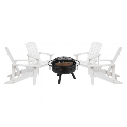 BLNK Charlestown Commercial Poly Resin Wood Adirondack Chair Set with Star and Moon Firepit with Mesh Cover 5 Piece - White