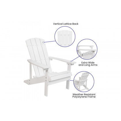 BLNK Charlestown Commercial Poly Resin Wood Adirondack Chair Set with Star and Moon Firepit with Mesh Cover 5 Piece - White