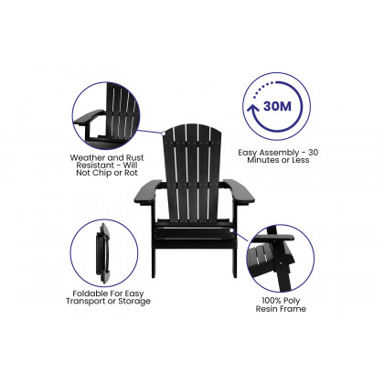 BLNK Charlestown Commercial All-Weather Poly Resin Wood Folding Adirondack Chair - Black