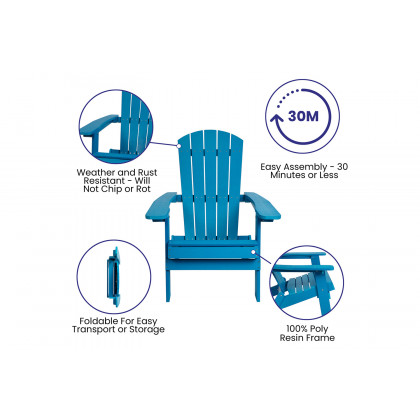 BLNK Charlestown Commercial All-Weather Poly Resin Wood Folding Adirondack Chair - Blue