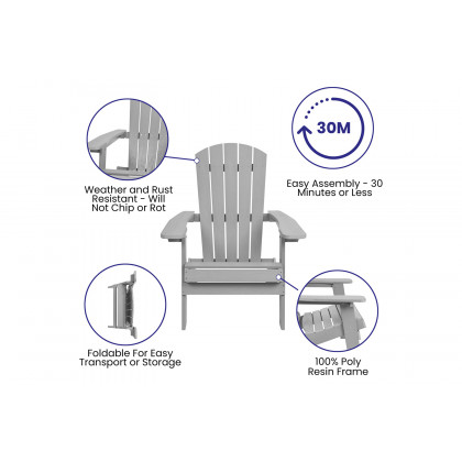 BLNK Charlestown Commercial All-Weather Poly Resin Wood Folding Adirondack Chair - Gray