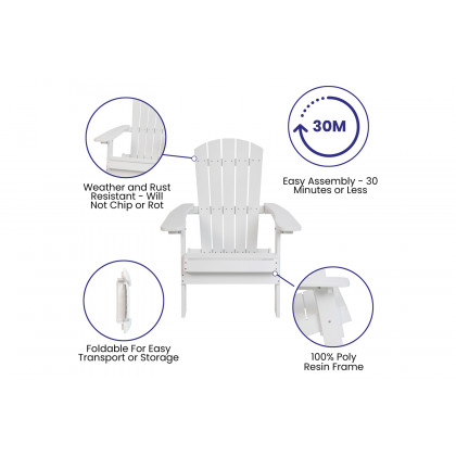 BLNK Charlestown Commercial All-Weather Poly Resin Wood Folding Adirondack Chair - White