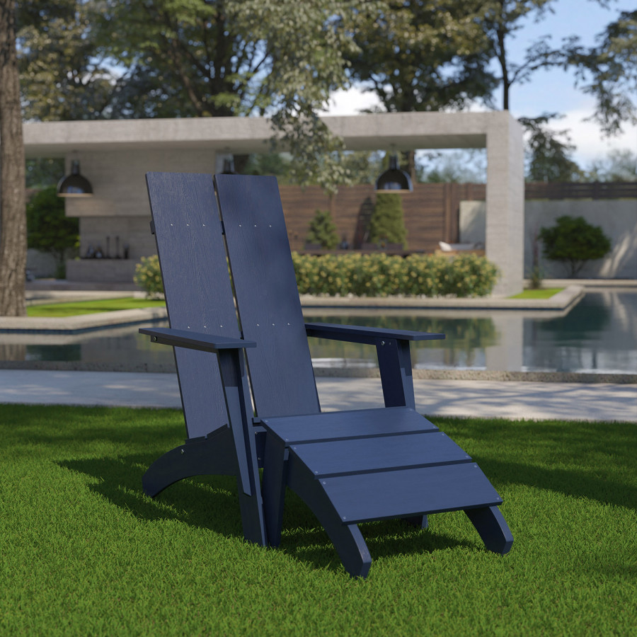 BLNK Sawyer Commercial All-Weather Poly Resin Wood Adirondack Chair with Foot Rest - Navy