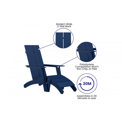 BLNK Sawyer Commercial All-Weather Poly Resin Wood Adirondack Chair with Foot Rest - Navy