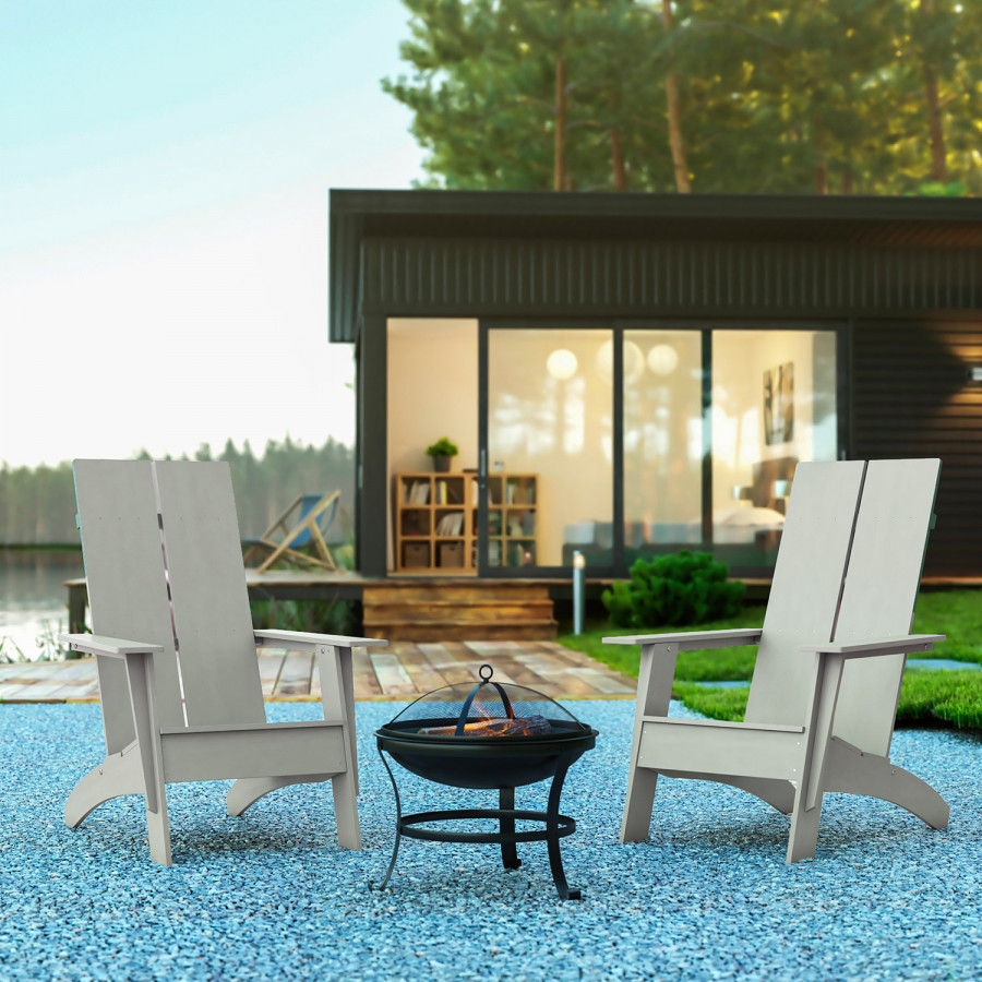 BLNK - Sawyer Commercial All-Weather 2-Slat Poly Resin Adirondack Chairs with 22" Round Wood Burning Firepit Set of 2