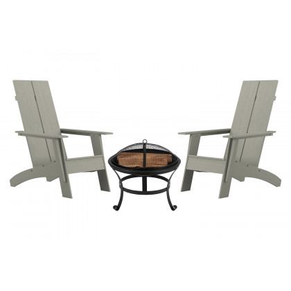 BLNK - Sawyer Commercial All-Weather 2-Slat Poly Resin Adirondack Chairs with 22" Round Wood Burning Firepit Set of 2