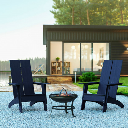 BLNK - Sawyer Commercial All-Weather 2-Slat Poly Resin Adirondack Chairs with 22" Round Wood Burning Firepit Set of 2