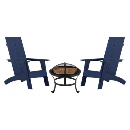 BLNK Sawyer Commercial All-Weather 2-Slat Poly Resin Adirondack Chairs with 22" Round Wood Burning Firepit Set of 2 - Navy