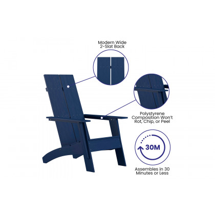 BLNK Sawyer Commercial All-Weather 2-Slat Poly Resin Adirondack Chairs with 22" Round Wood Burning Firepit Set of 2 - Navy