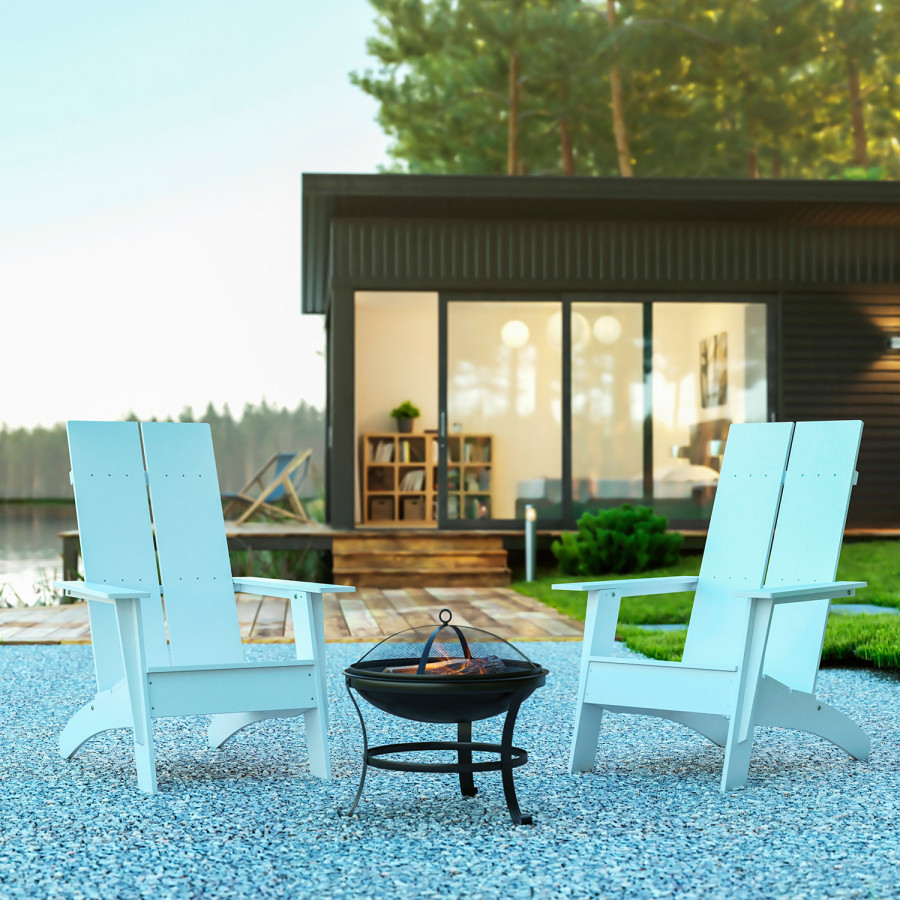 BLNK Sawyer Commercial All-Weather 2-Slat Poly Resin Adirondack Chairs with 22" Round Wood Burning Firepit Set of 2 - White