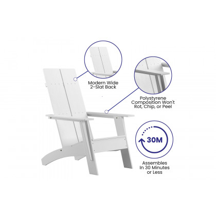 BLNK Sawyer Commercial All-Weather 2-Slat Poly Resin Adirondack Chairs with 22" Round Wood Burning Firepit Set of 2 - White