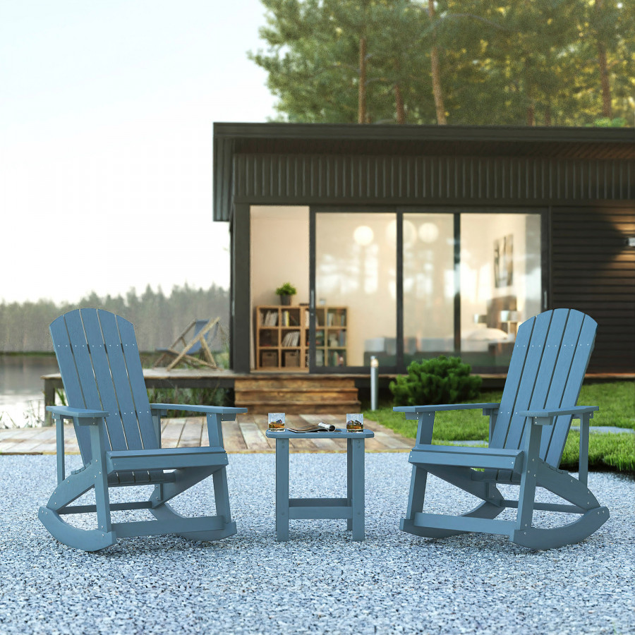 BLNK Savannah Commercial Poly Resin Wood All-Weather Adirondack Rocking Chairs with Side Table Set of 2 - Sea Foam