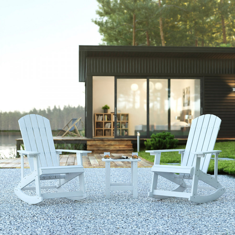 BLNK Savannah Commercial Poly Resin Wood All-Weather Adirondack Rocking Chairs with Side Table Set of 2 - White