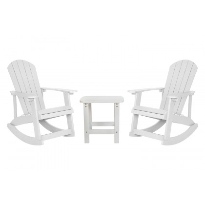 BLNK Savannah Commercial Poly Resin Wood All-Weather Adirondack Rocking Chairs with Side Table Set of 2 - White