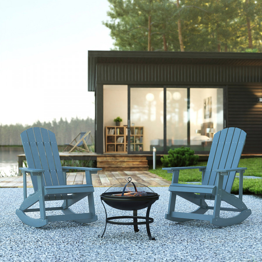 BLNK Savannah Commercial Poly Resin Wood All-Weather Adirondack Rocking Chairs with 22" Round Wood Burning Firepit Set of 2 - Sea Foam
