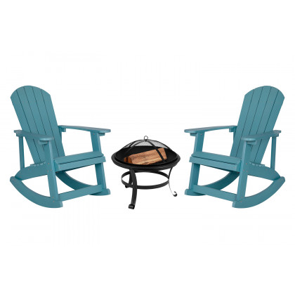 BLNK Savannah Commercial Poly Resin Wood All-Weather Adirondack Rocking Chairs with 22" Round Wood Burning Firepit Set of 2 - Sea Foam