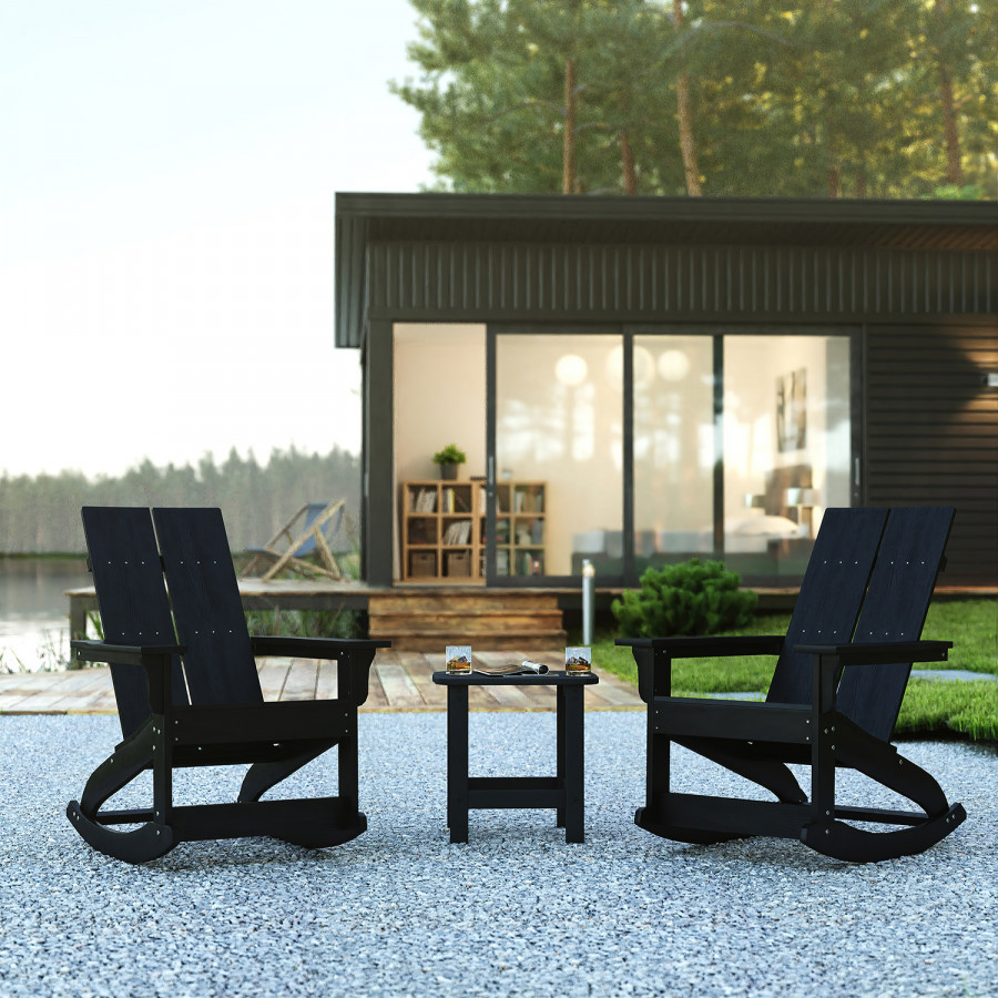 BLNK - Finn Commercial All-Weather Poly Resin 2-Slat Rocking Adirondack Chairs with Matching Side Table Set of 2