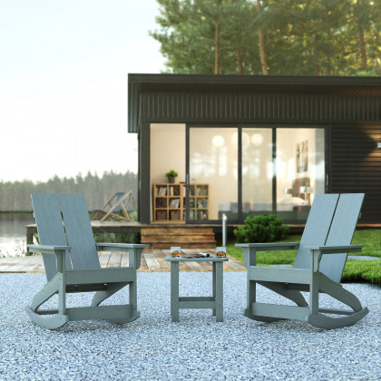 BLNK - Finn Commercial All-Weather Poly Resin 2-Slat Rocking Adirondack Chairs with Matching Side Table Set of 2