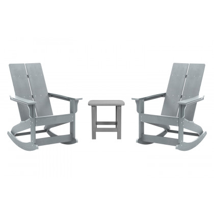 BLNK Finn Commercial All-Weather Poly Resin 2-Slat Rocking Adirondack Chairs with Matching Side Table Set of 2 - Gray