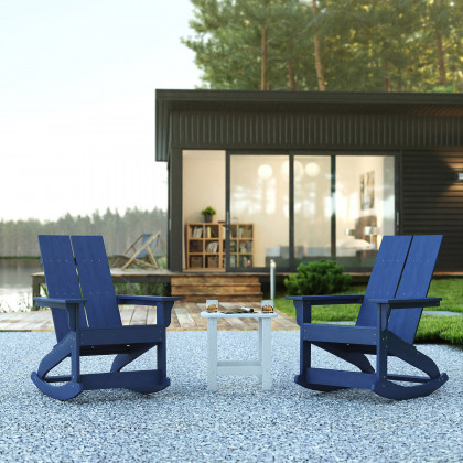 BLNK - Finn Commercial All-Weather Poly Resin 2-Slat Rocking Adirondack Chairs with Matching Side Table Set of 2