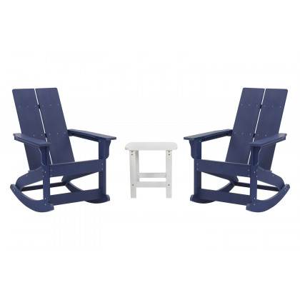 BLNK Finn Commercial All-Weather Poly Resin 2-Slat Rocking Adirondack Chairs with Matching Side Table Set of 2 - Navy