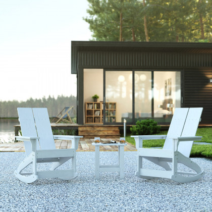 BLNK - Finn Commercial All-Weather Poly Resin 2-Slat Rocking Adirondack Chairs with Matching Side Table Set of 2