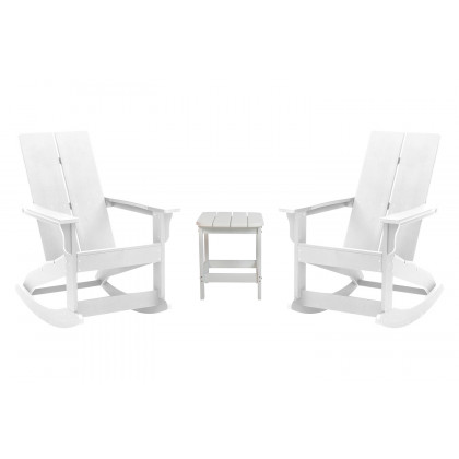 BLNK Finn Commercial All-Weather Poly Resin 2-Slat Rocking Adirondack Chairs with Matching Side Table Set of 2 - White