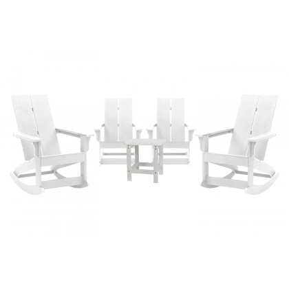 BLNK Finn Commercial All-Weather Poly Resin 2-Slat Rocking Adirondack Chairs with Matching Side Table Set of 4 - White
