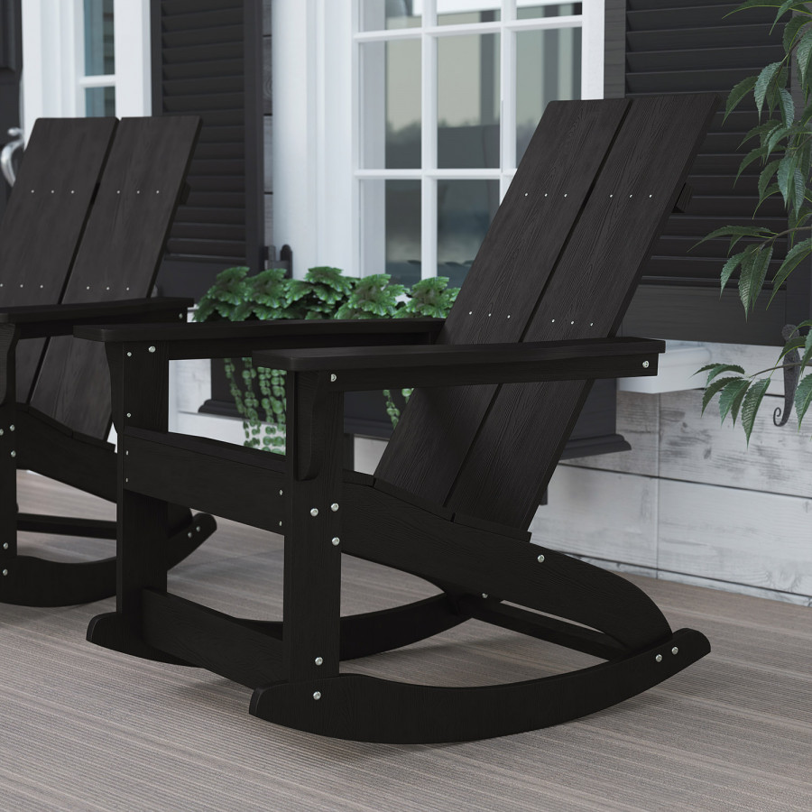 BLNK Finn Commercial All-Weather Poly Resin 2-Slat Rocking Adirondack Chair with Rust Resistant Stainless Steel Hardware - Black