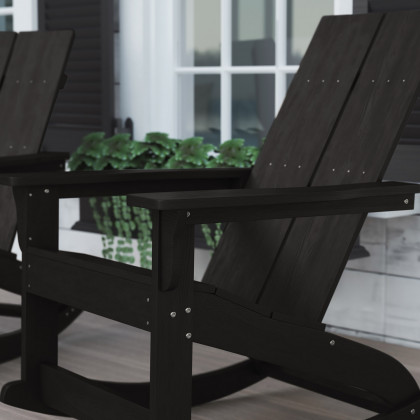 BLNK Finn Commercial All-Weather Poly Resin 2-Slat Rocking Adirondack Chair with Rust Resistant Stainless Steel Hardware - Black