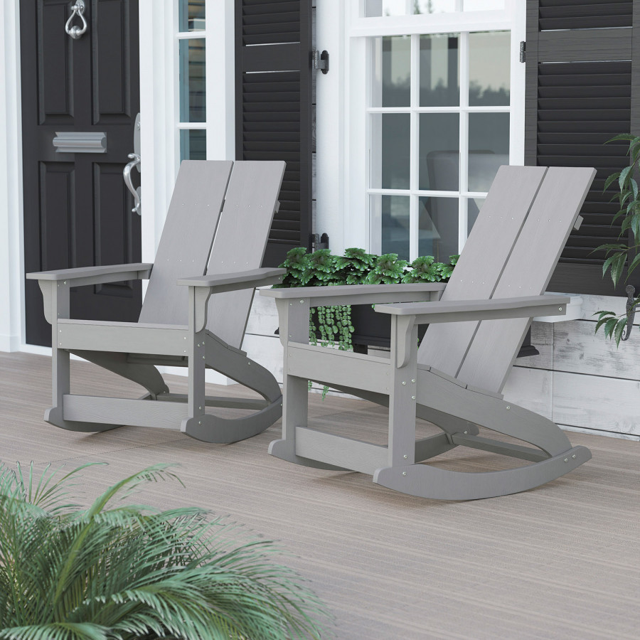 BLNK Finn Commercial All-Weather Poly Resin 2-Slat Rocking Adirondack Chair with Rust Resistant Stainless Steel Hardware Set of 2 - Gray