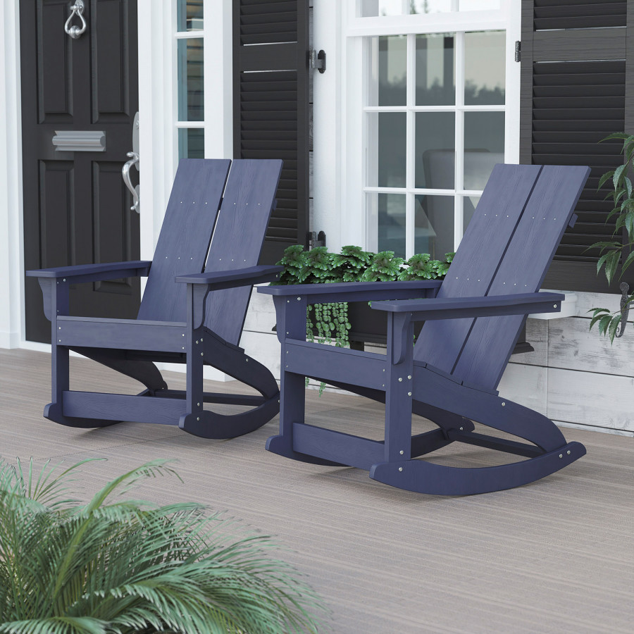 BLNK Finn Commercial All-Weather Poly Resin 2-Slat Rocking Adirondack Chair with Rust Resistant Stainless Steel Hardware Set of 2 - Navy
