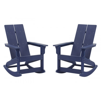 BLNK Finn Commercial All-Weather Poly Resin 2-Slat Rocking Adirondack Chair with Rust Resistant Stainless Steel Hardware Set of 2 - Navy