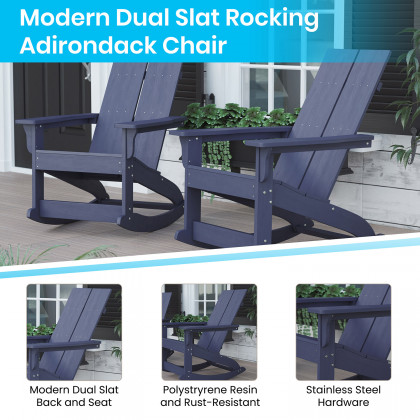 BLNK Finn Commercial All-Weather Poly Resin 2-Slat Rocking Adirondack Chair with Rust Resistant Stainless Steel Hardware Set of 2 - Navy